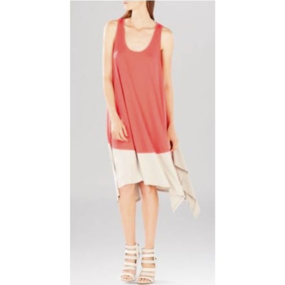 BCBGMaxAzria Midi Dress Womens L Coral Beige Sleeveless Handkerchief Hem Flowy